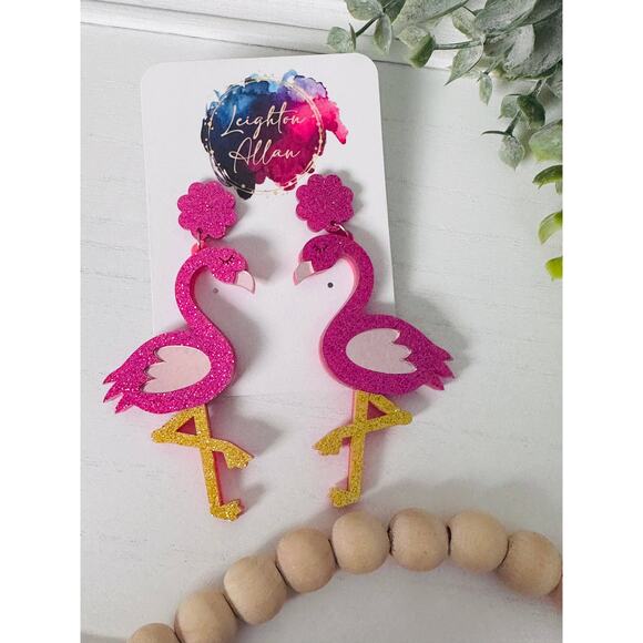Pink Tropical Flamingo Dangle Earrings - Picture 3 of 3